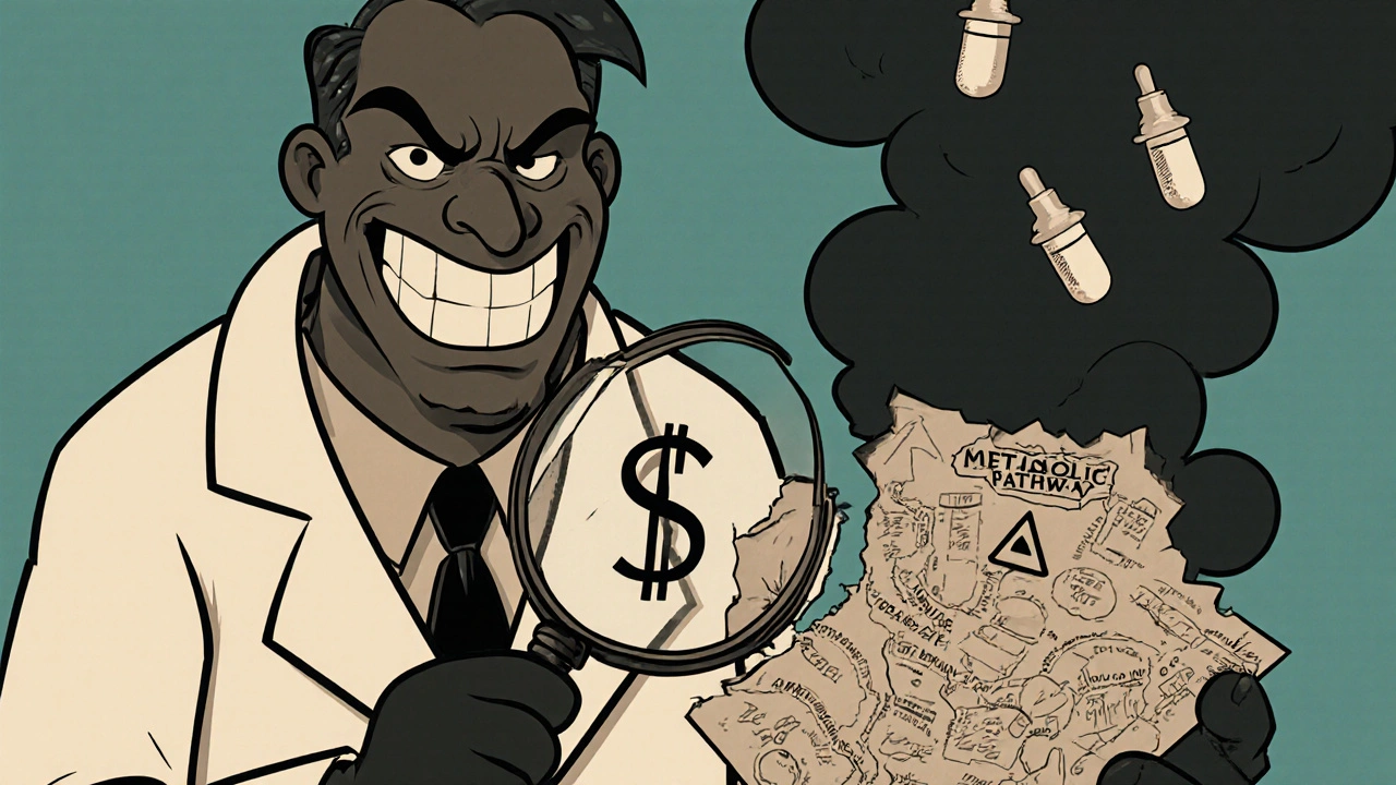 A cartoon scientist mocks a fake metabolic map as dangerous hidden ingredients rise from smoke.