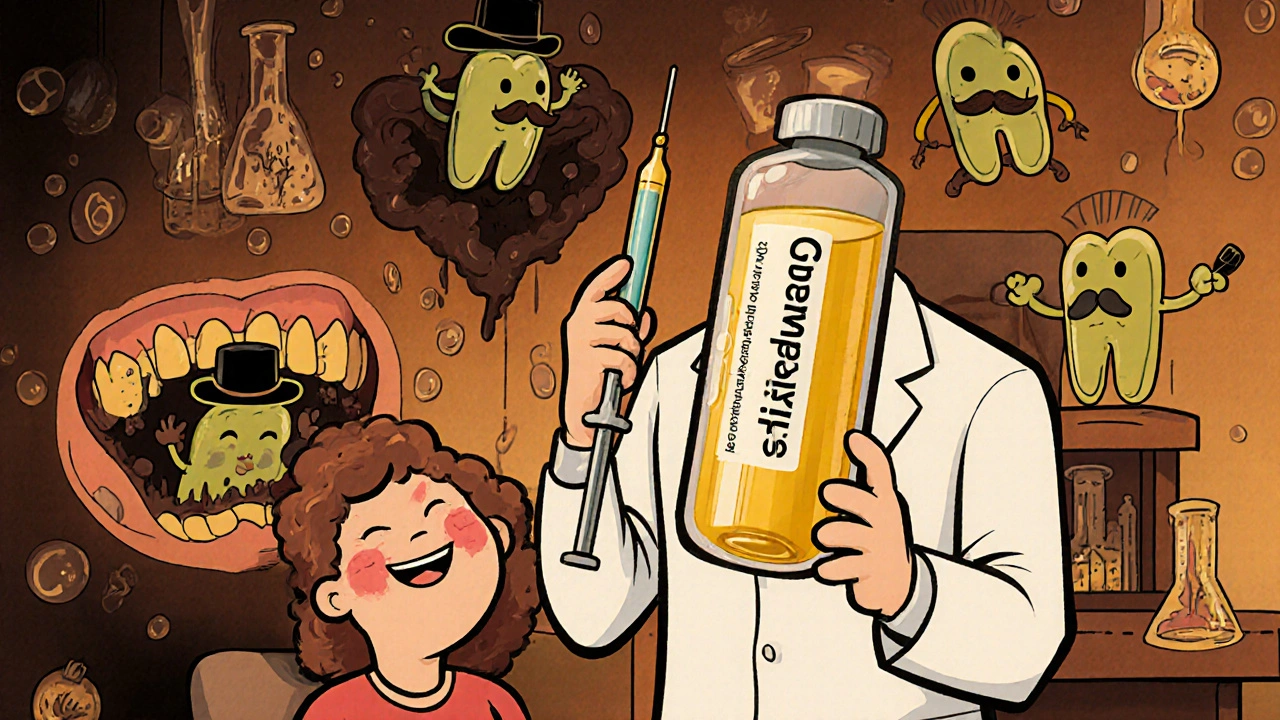 A doctor administers Cleocin to a patient with a toothache, while fleeing bacteria hide in gums.