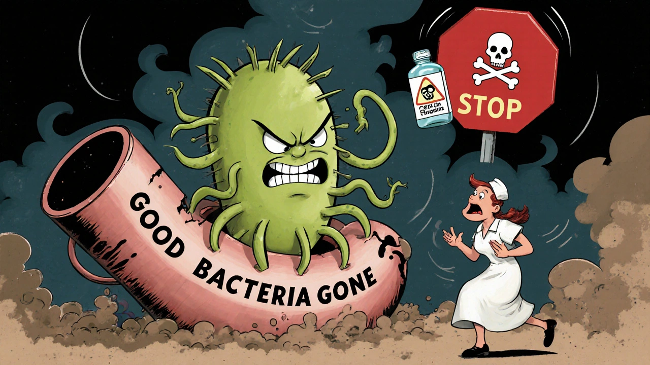 A menacing C. diff bacterium emerges from a broken gut as a patient panics and a nurse rushes in.
