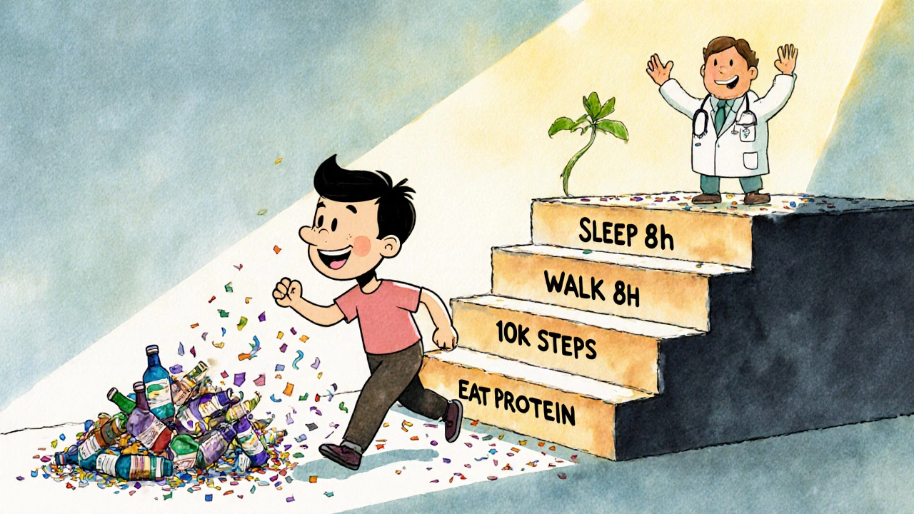 A person climbs steps of healthy habits, leaving discarded supplement bottles behind in sunlight.