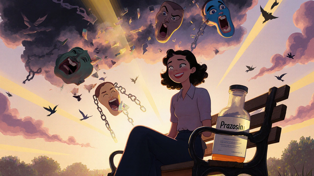 A woman sits at dawn as traumatic dream fragments fade away, replaced by birds and sunlight.