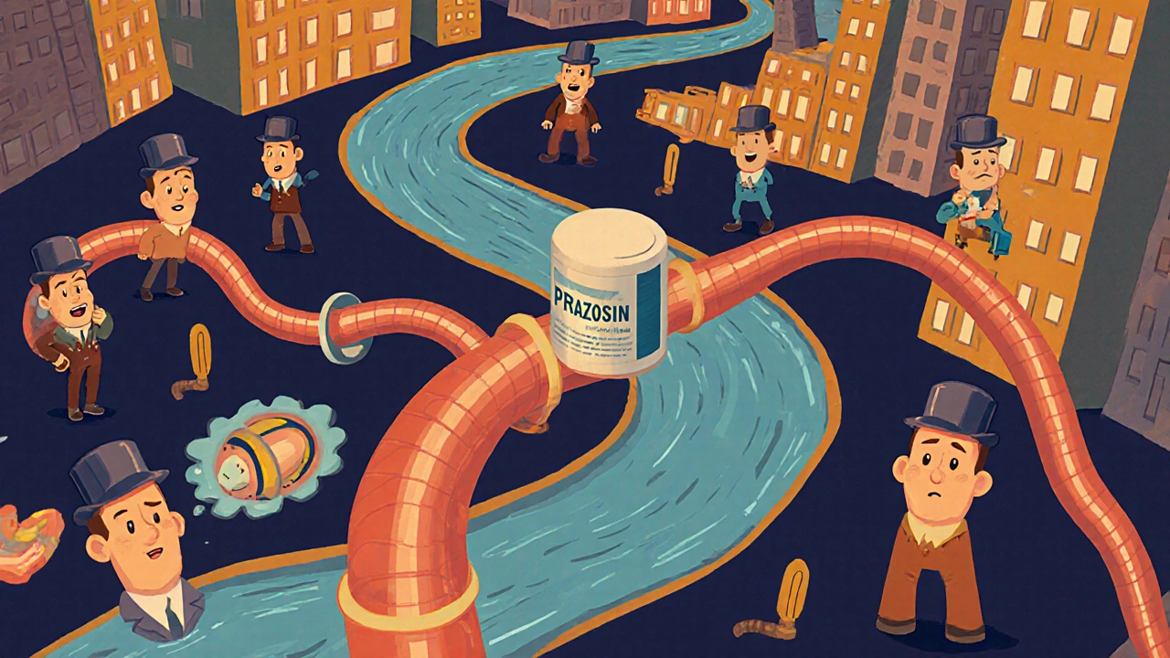 Tiny workers relax constricted blood vessels in a stylized cityscape representing the body.