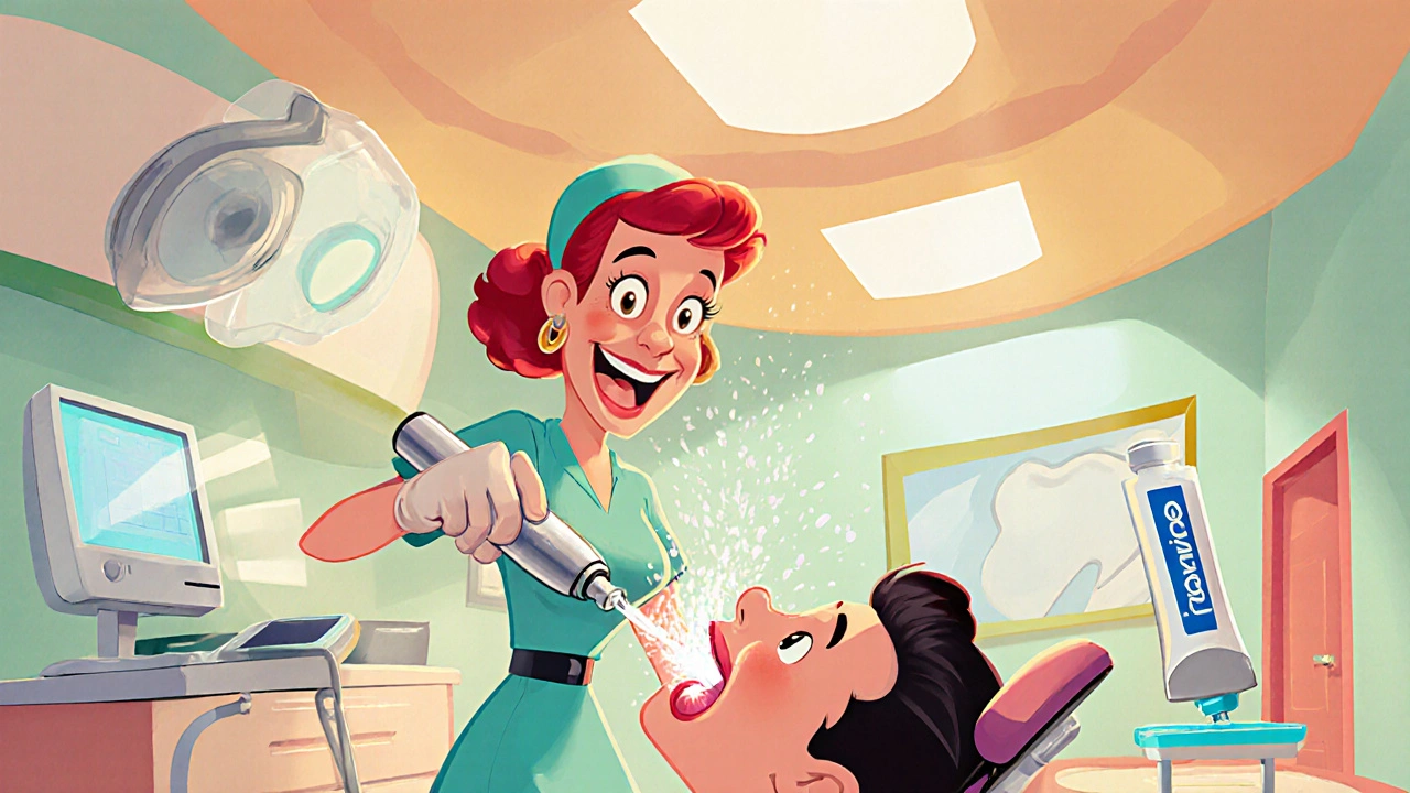 1950s dental office showing a hygienist using an ultrasonic scaler and laser.