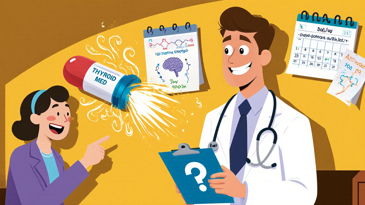 A confused doctor and a patient surrounded by swirling brain chemistry diagrams and a giant pill shooting stress sparks.