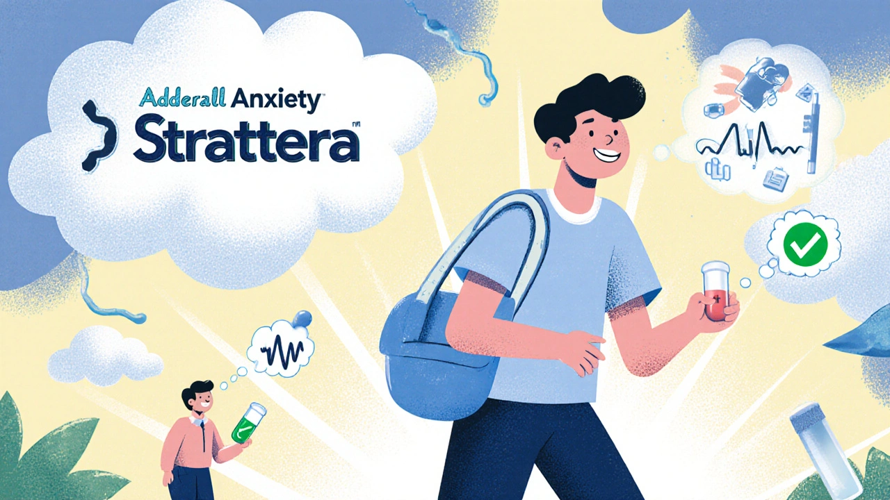 A person walking in sunlight holding a calm medication, while an anxiety cloud fades behind them, with a CBT therapist nearby.