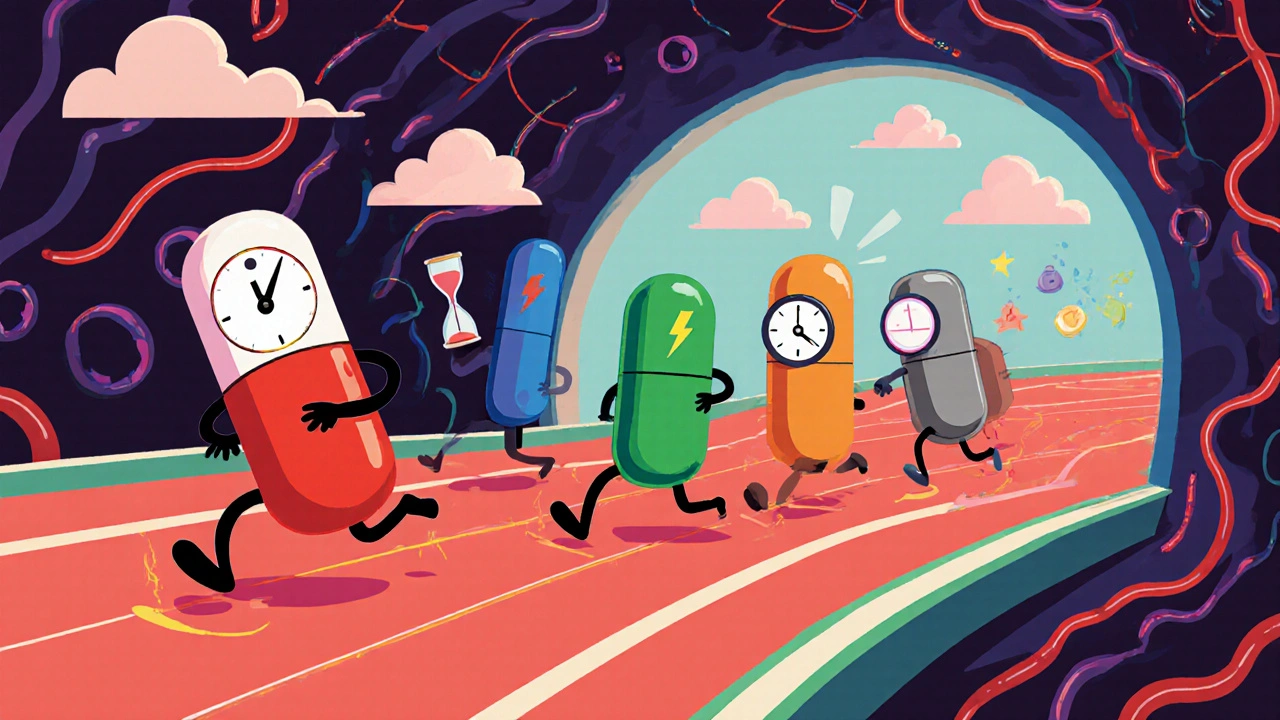 Animated pill characters racing on a blood‑vessel track, each showing different speed and duration cues.