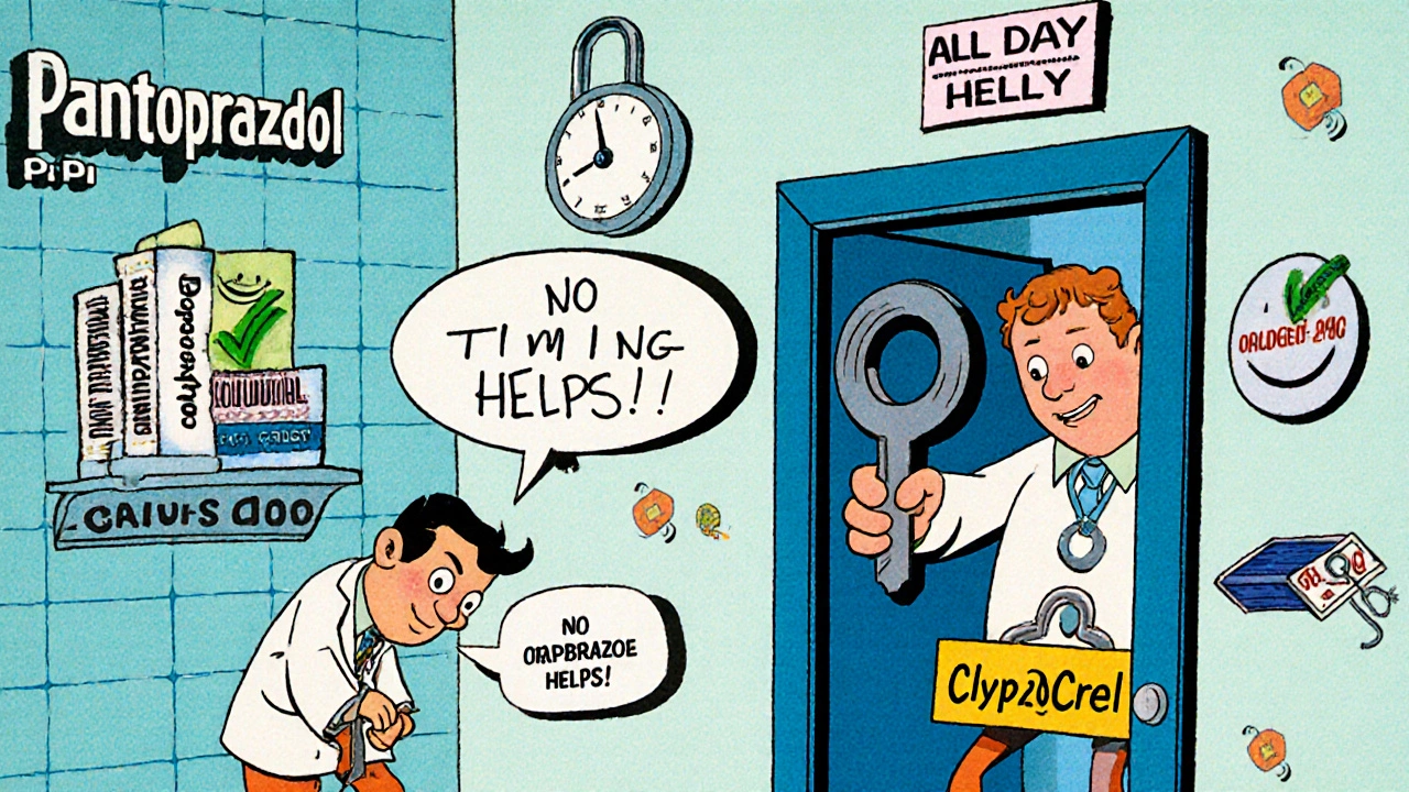 Cartoon bathroom scene with clopidogrel locked out by omeprazole, clock showing all day