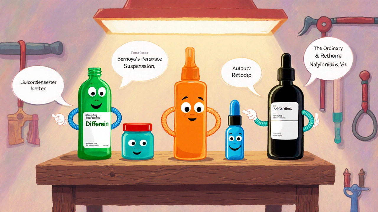 Cartoon bottles of acne treatments acting as a playful skincare toolbox.