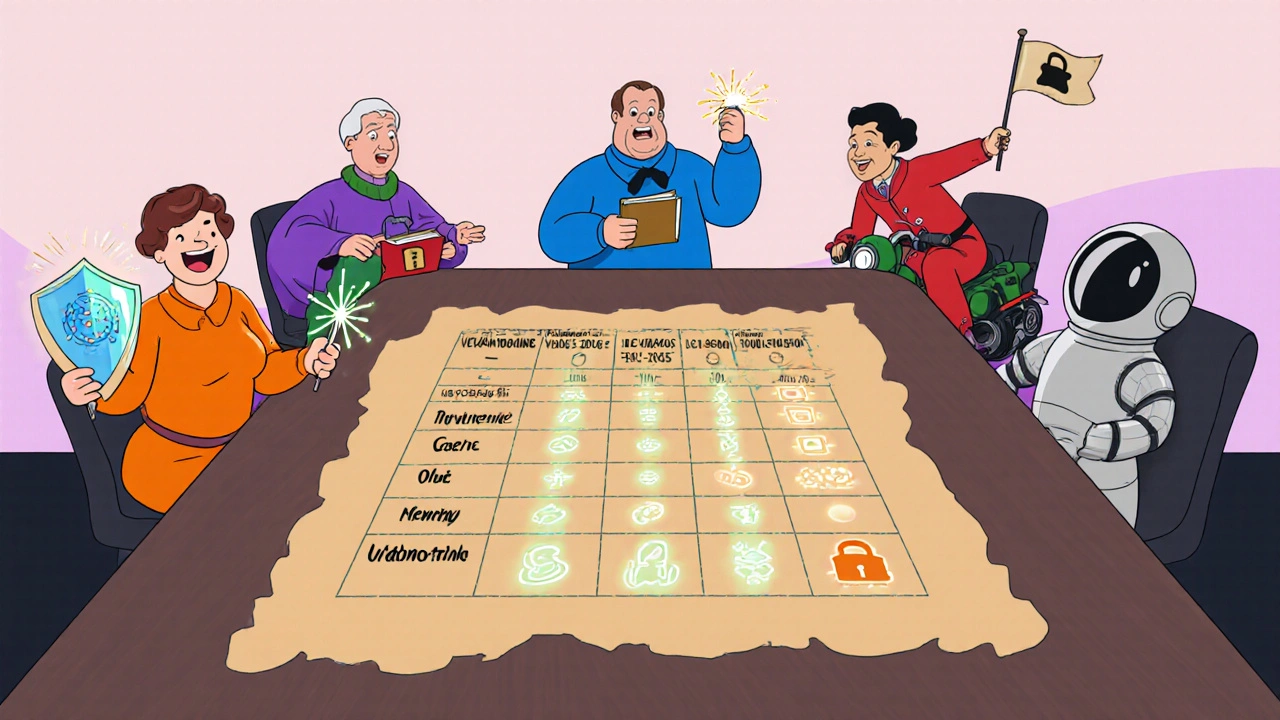 Cartoon drug characters gathered around a comparison chart.