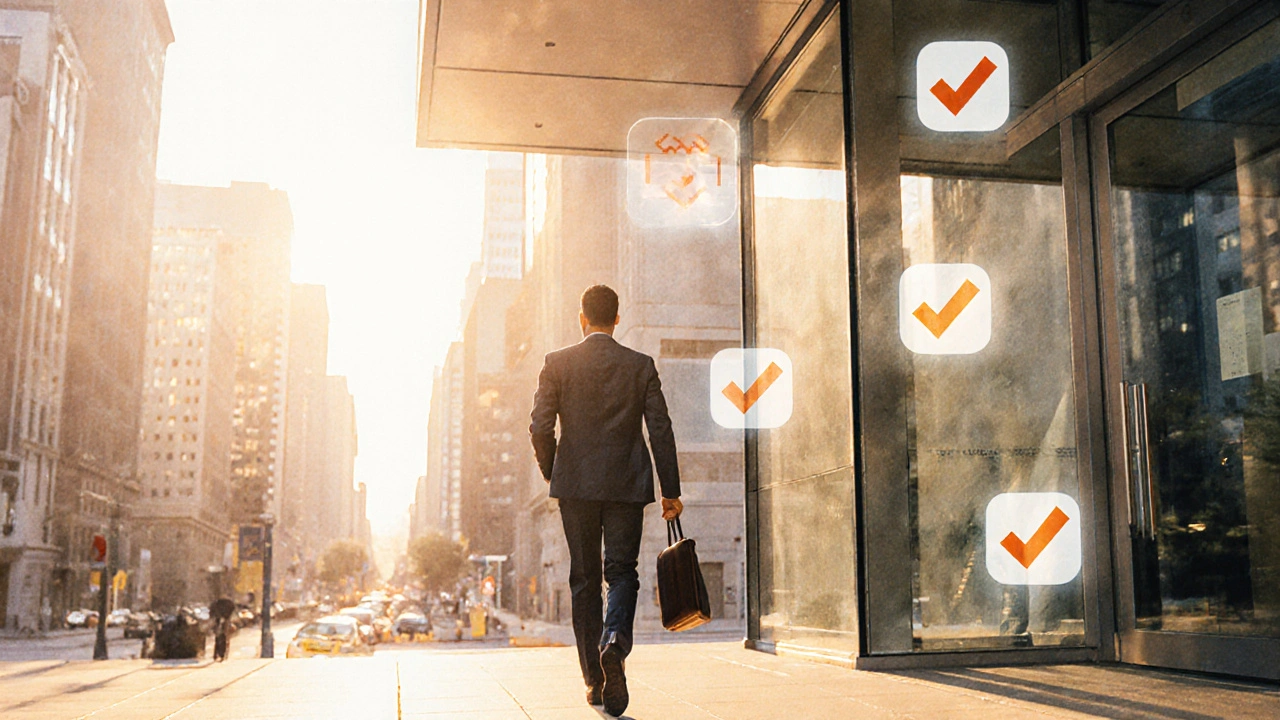 Confident applicant walks out of interview building with a completed checklist.