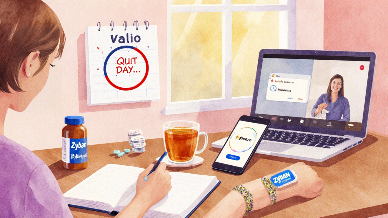 Cozy desk scene with journal, calendar, Zyban bottle, nicotine patch, smartphone app notification, and video counseling.