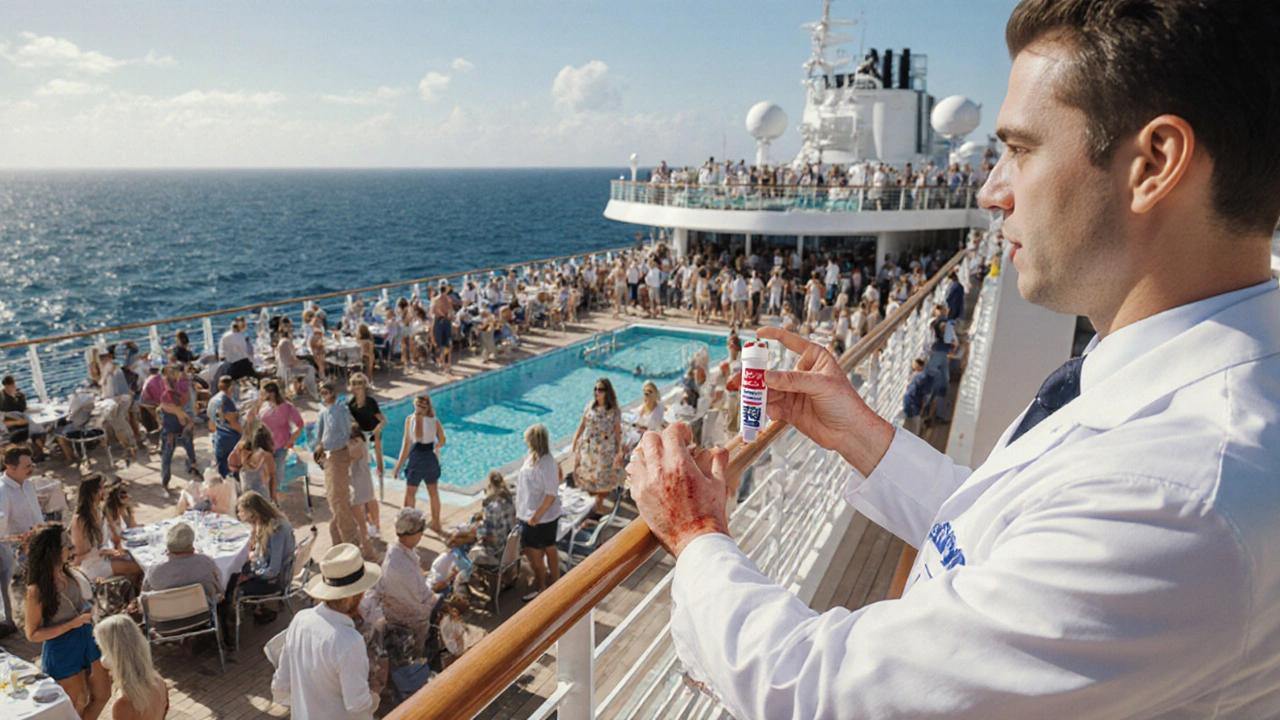 Cruise ship deck with passengers, some scratching, and a medical officer handing out cream.