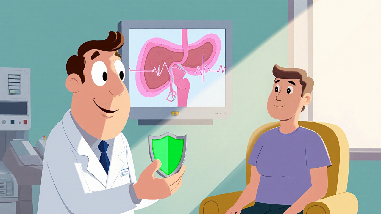Doctor showing a beta‑blocker pill to a patient near a glowing pancreas.