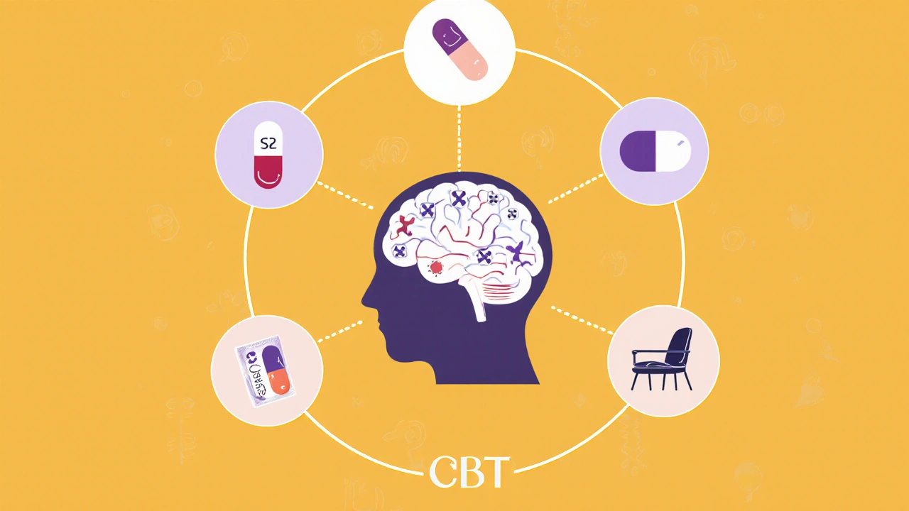 Flatâdesign circle showing brain with icons for fluoxetine, sertraline, hormonal pill, and CBT.