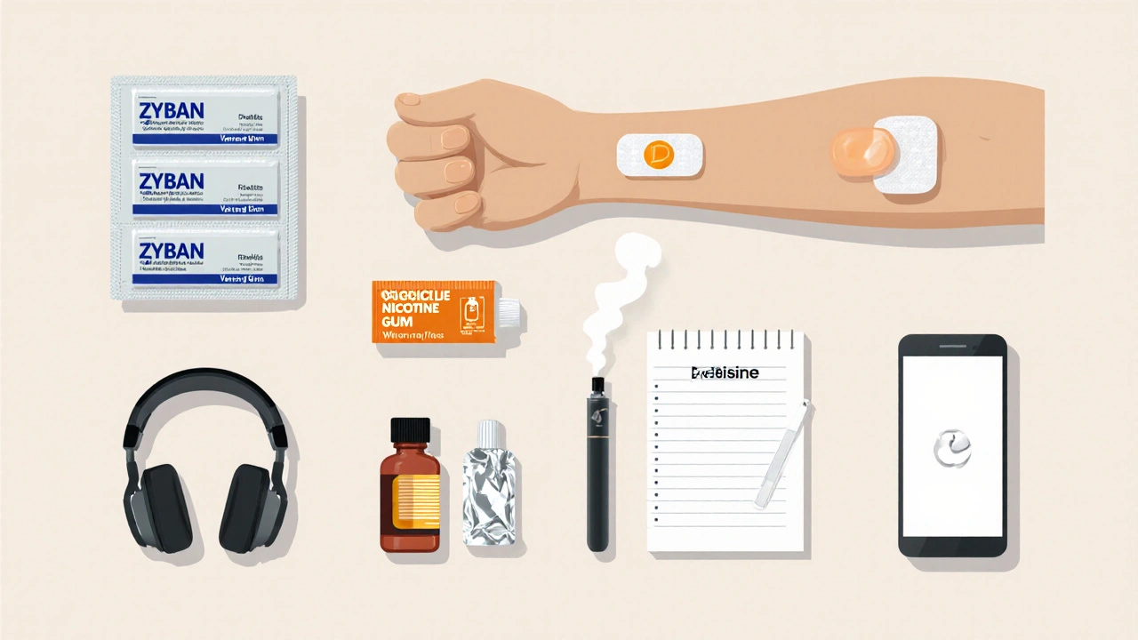 Flat‑design layout of various quit‑smoking aids: Zyban pills, nicotine patch, gum, Varenicline, Cytisine, counseling, vaping device, and app icon.