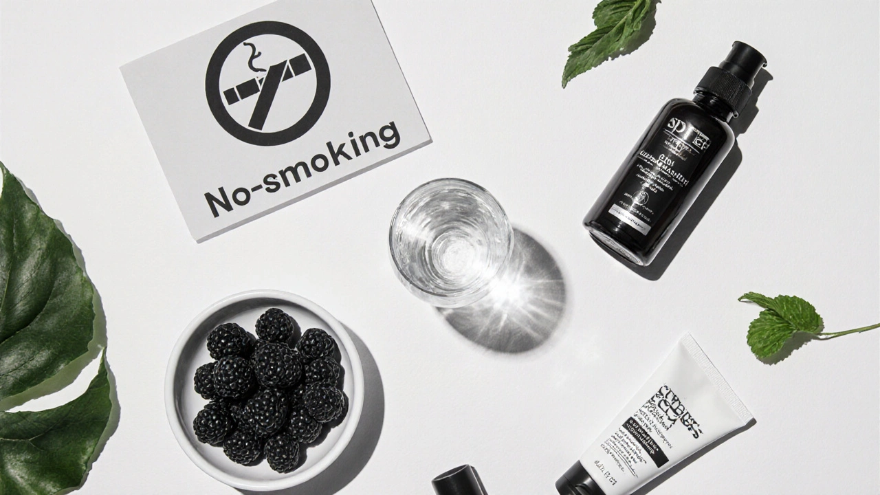 Flat‑lay of no‑smoking sign, water, berries, moisturizer and sunscreen in duotone.
