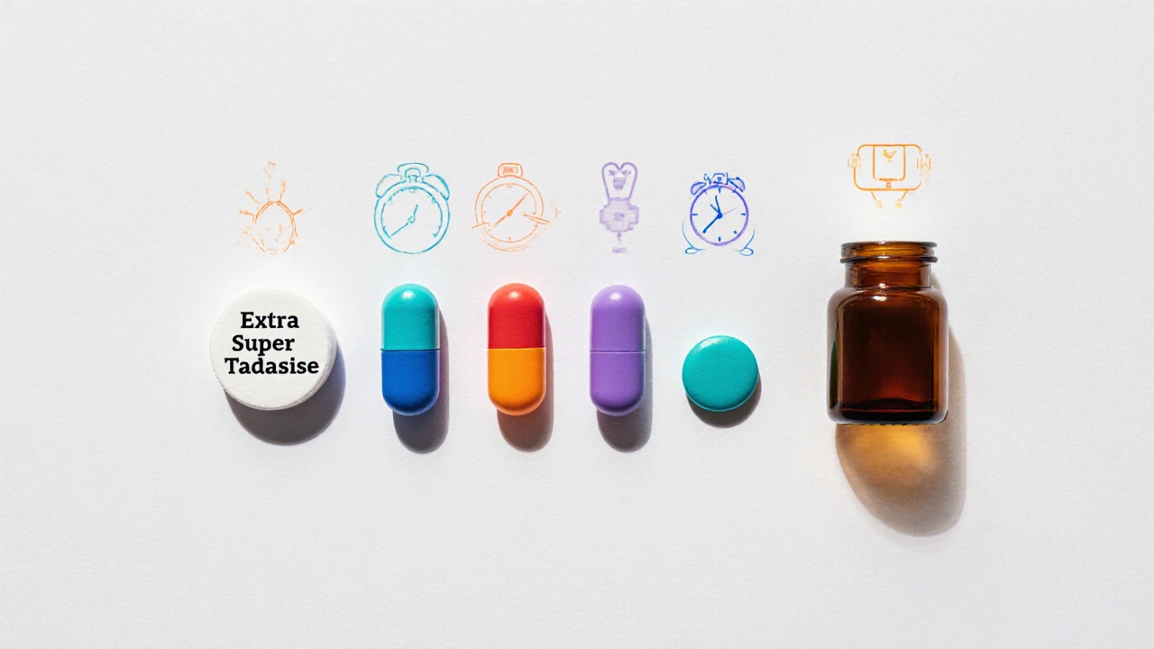 Flat‑lay of various ED and PE pills arranged side by side with minimalist icons indicating onset and duration.