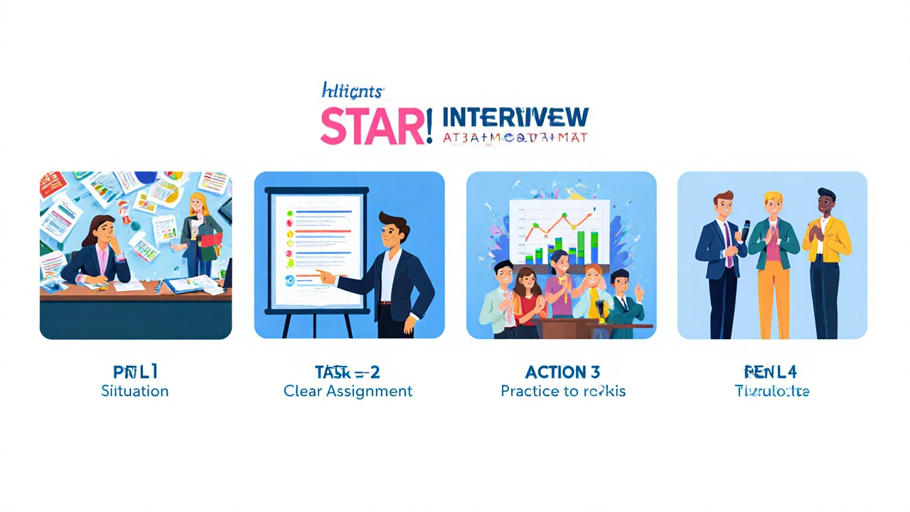 Four‑panel illustration of the STAR method for interview answers.