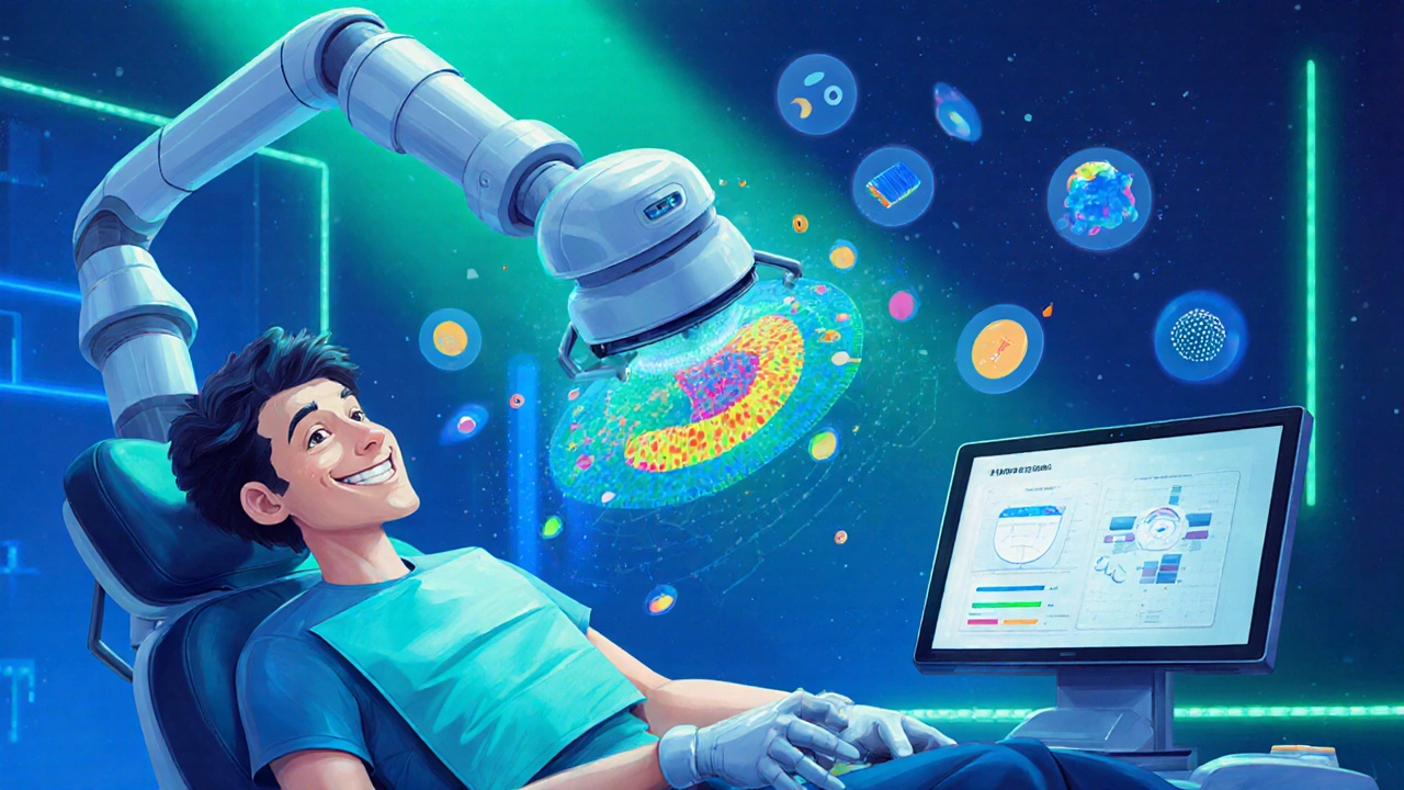 Futuristic dental clinic with AI scanner and robotic arm cleaning a patient’s teeth.