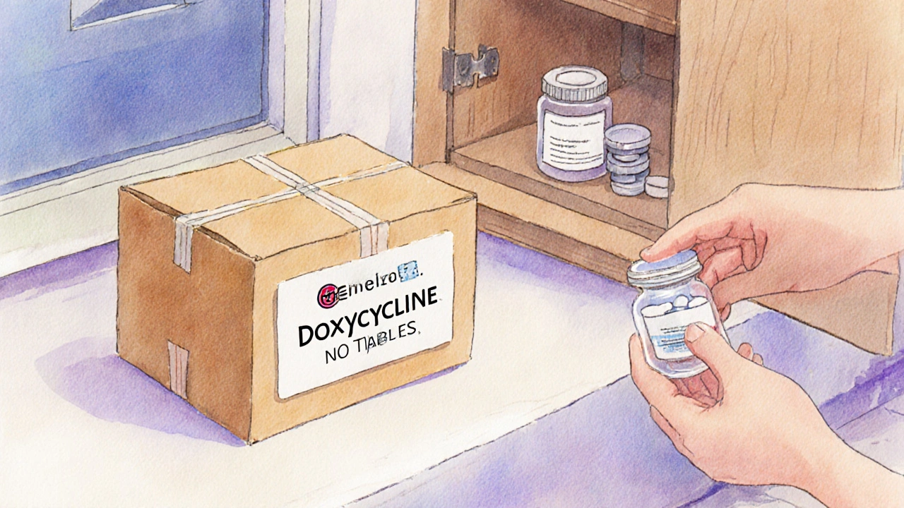 Hand opening a delivery box to reveal doxycycline tablets being stored in a cabinet.