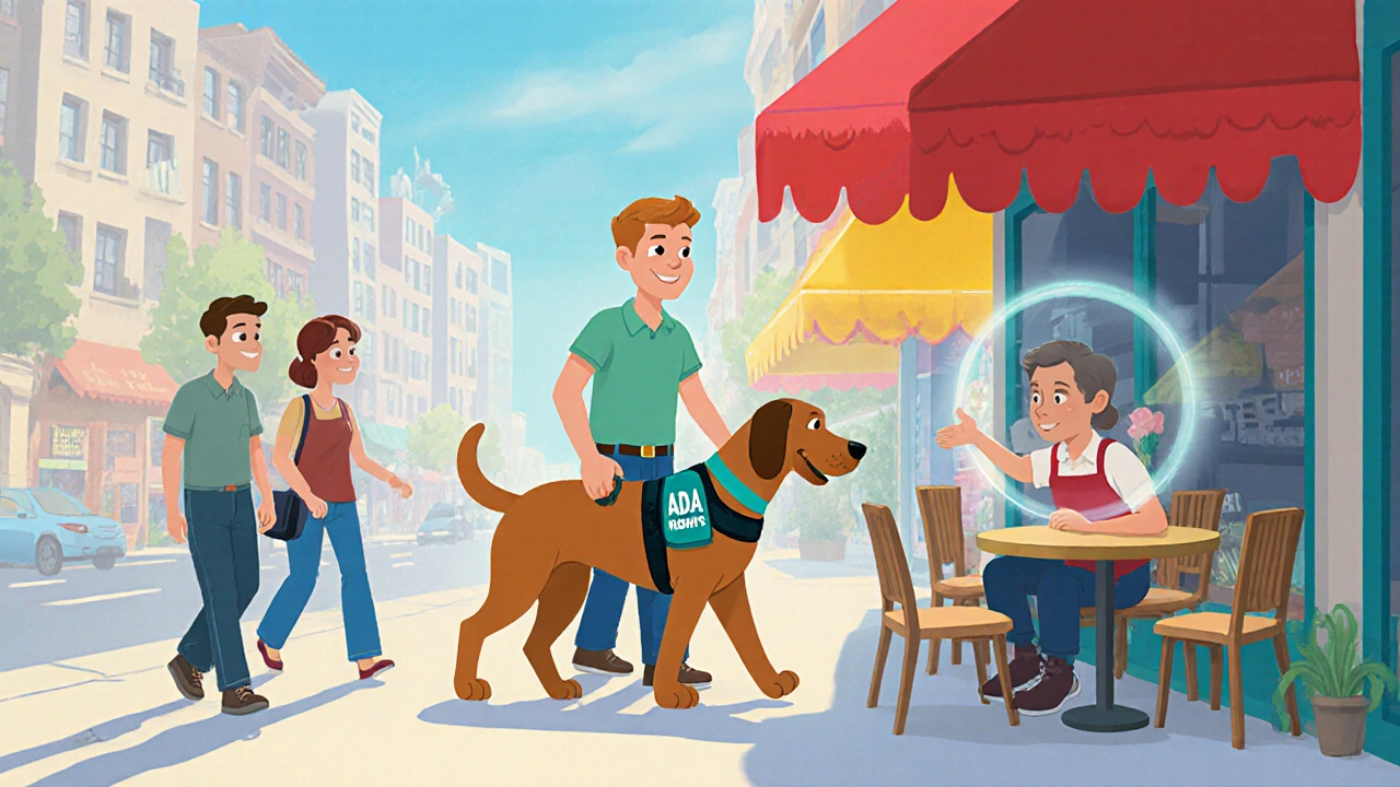 Handler walking with a service dog through a busy city sidewalk.