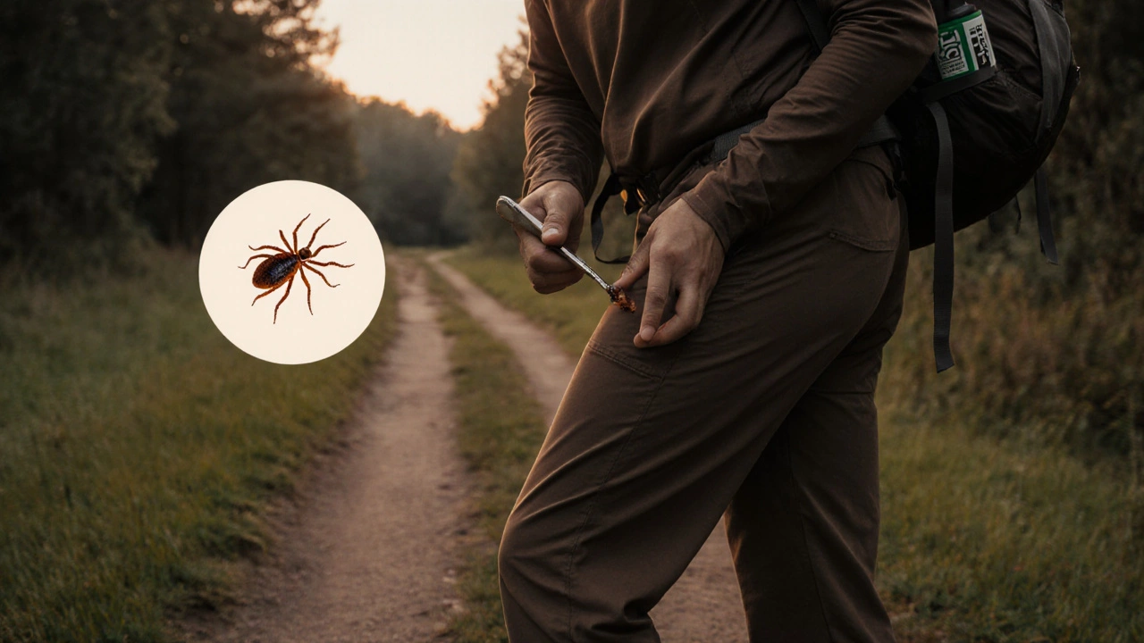 Hiker checking and removing a tick with tweezers in brown‑ivory duotone.