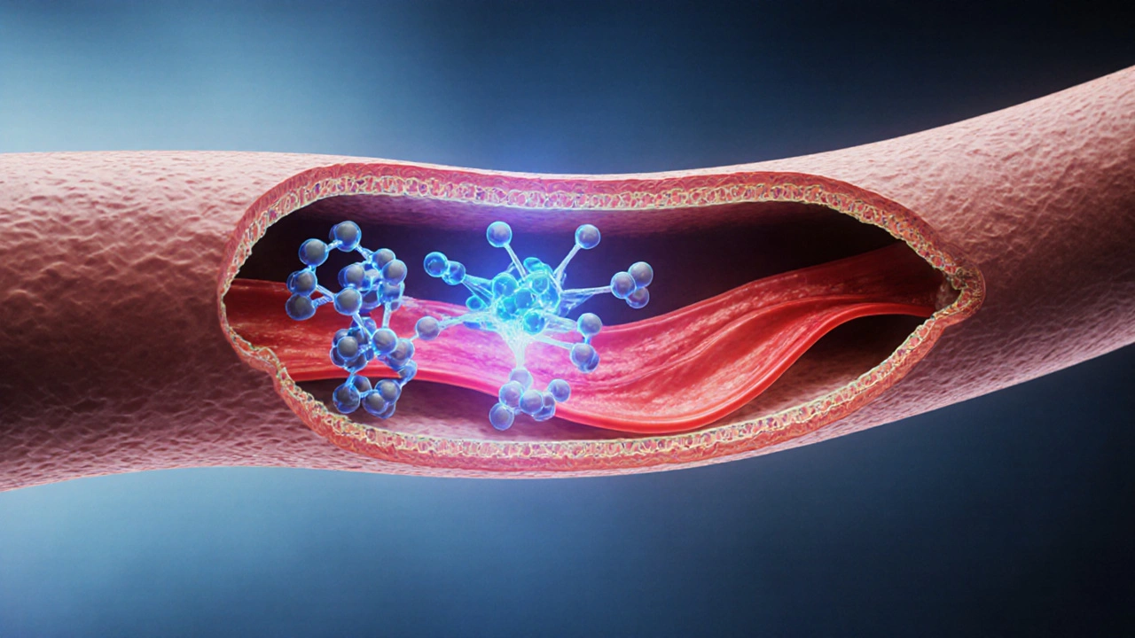 Illustration of sildenafil molecules blocking PDE‑5 in a blood vessel, showing relaxed muscles.