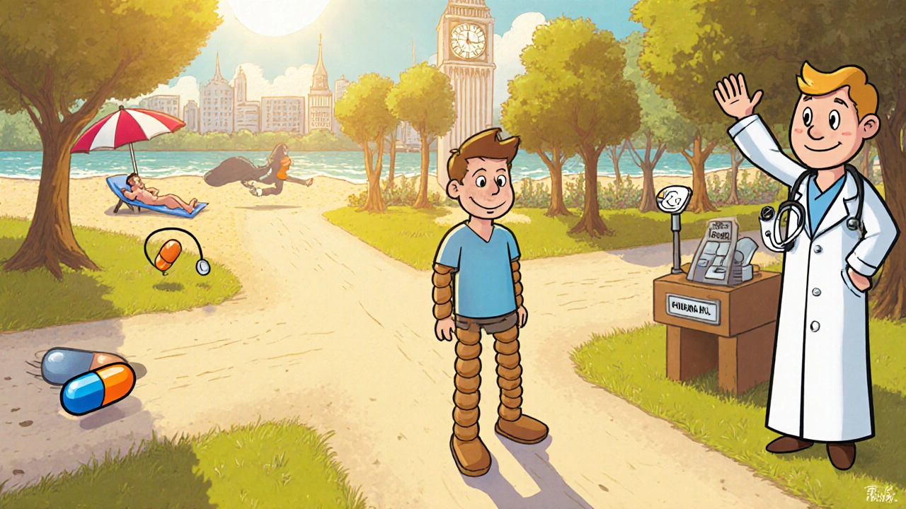 Man at a crossroads with paths leading to a beach, city, and market, each representing different ED medication options.