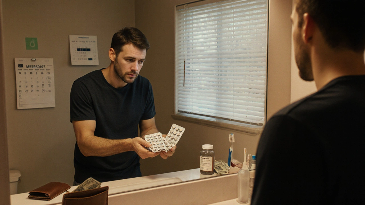 Man contemplating different pill choices near a mirror with calendar and wallet in background.