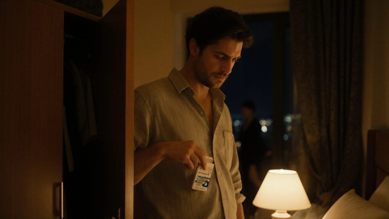 Man reaching into his pocket for an Extra Super Tadarise tablet in a softly lit bedroom.