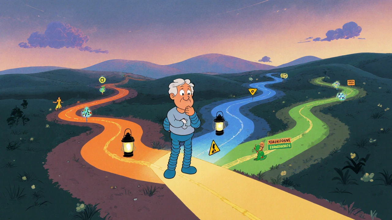 Patient navigating a branching road decision tree with drug icons.