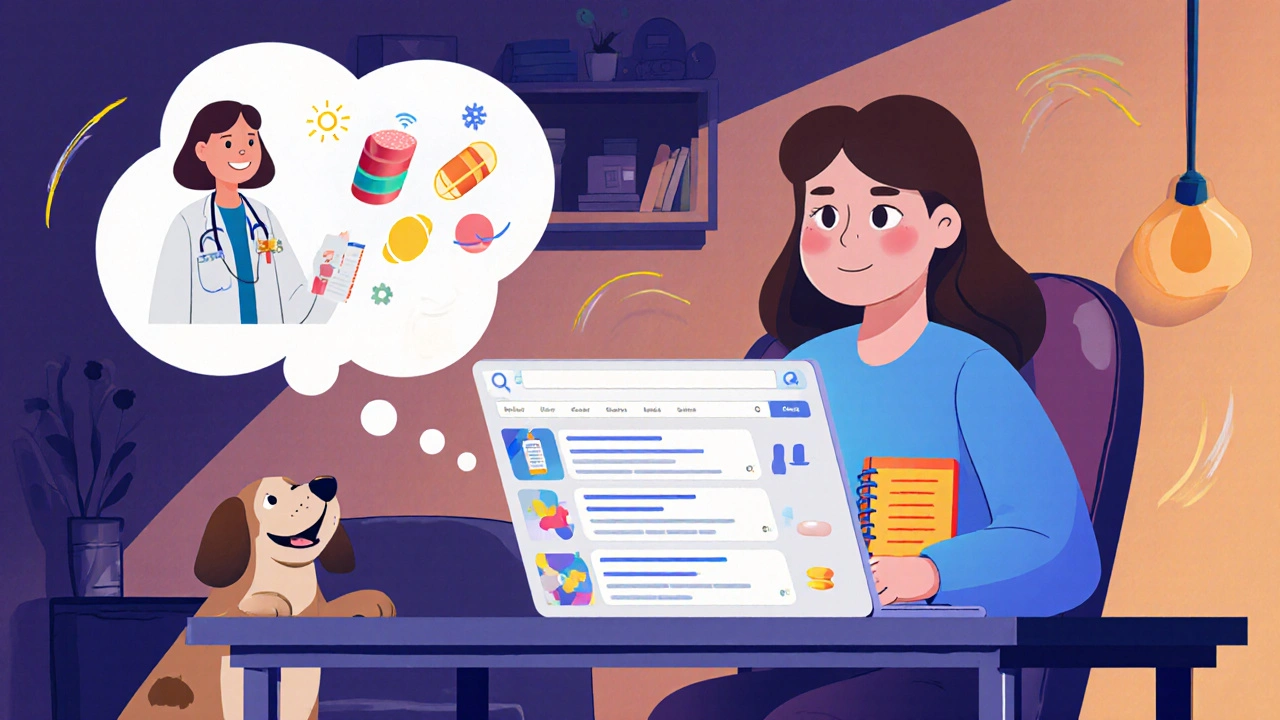 Patient reviews trial listings online and meets study coordinator, holding a medication diary.