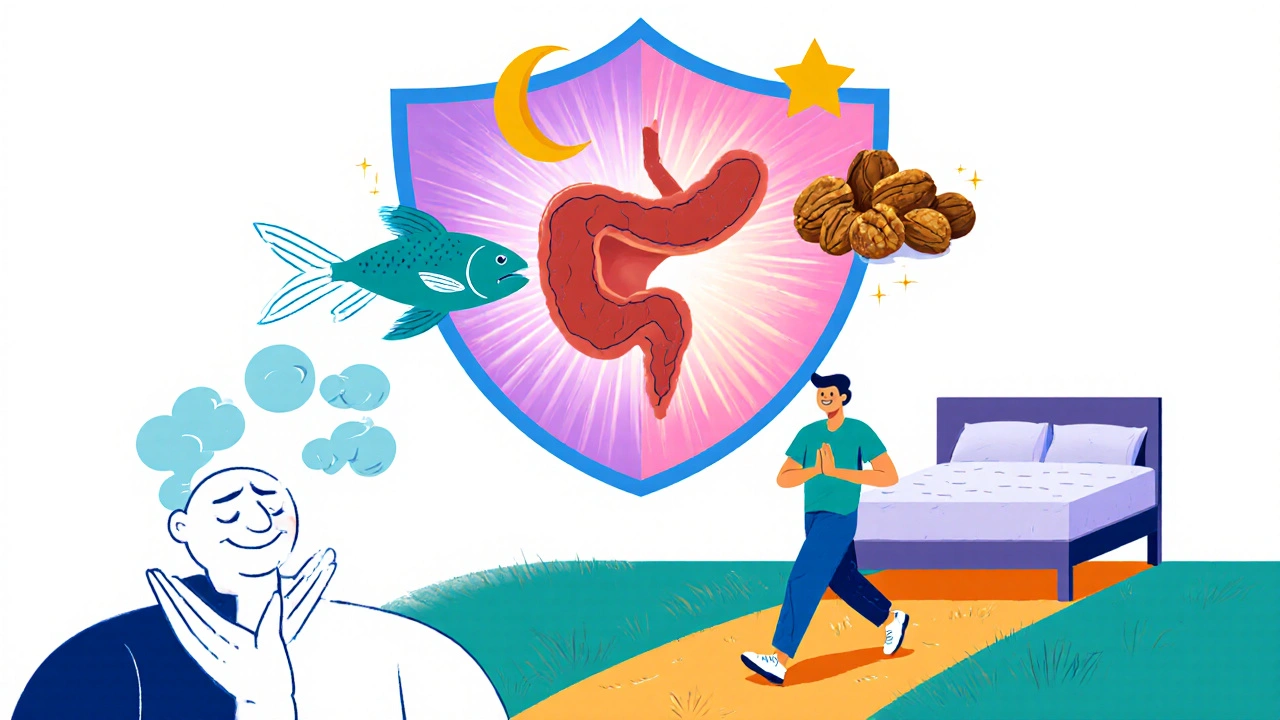 Person exercising, meditating, eating fish, sleeping, shielding a healthy pancreas.