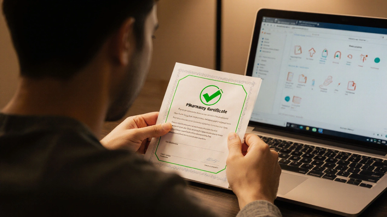 Person reviewing a pharmacy verification certificate in a cozy home office.