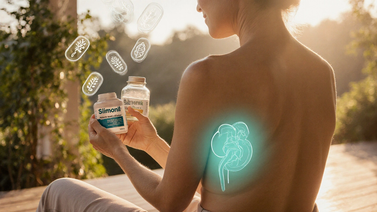 Person with glowing kidneys holding Slimonil capsules in sunlight.