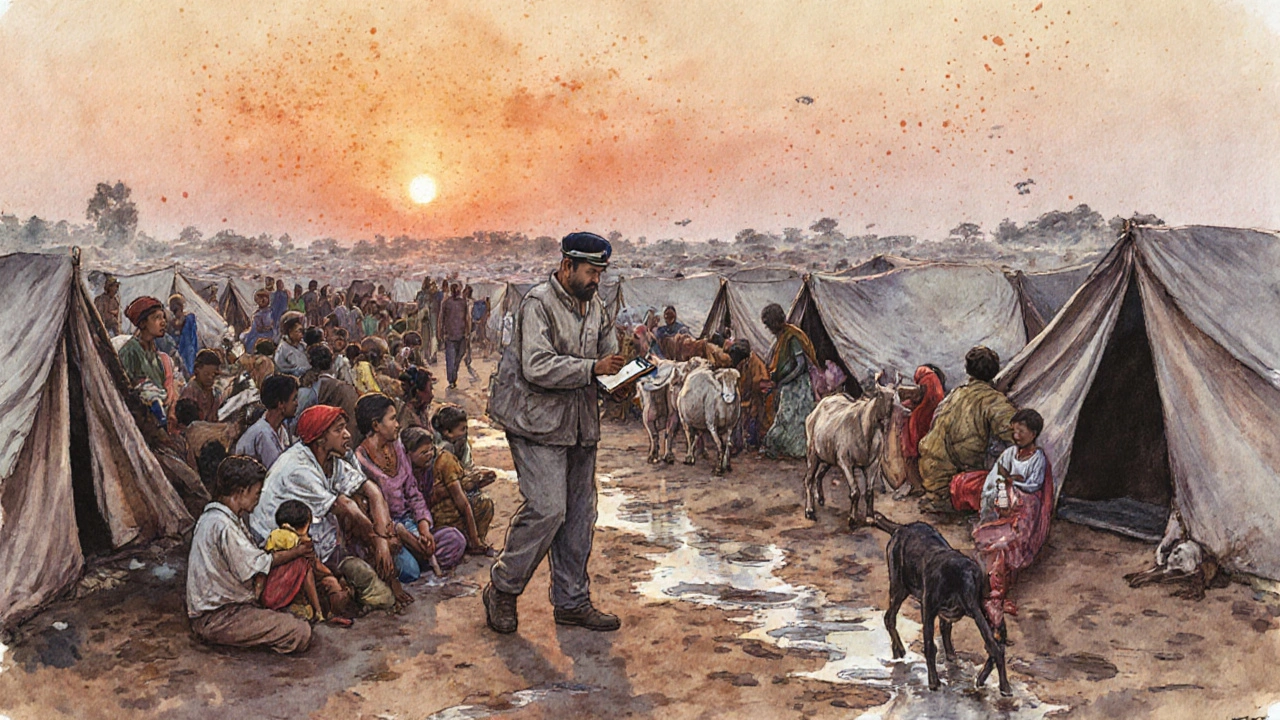 Refugee camp at dusk with tents, people, animals, and a health worker offering medication.