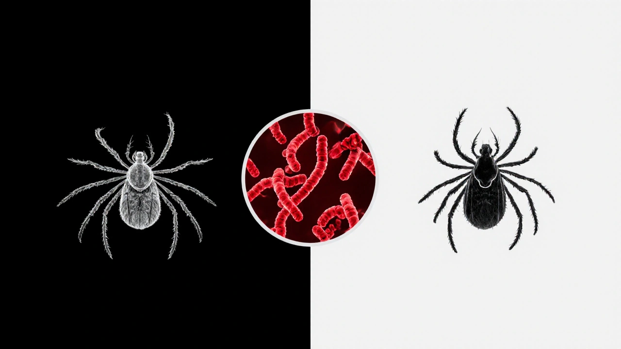 Side‑by‑side hard and soft ticks with red‑highlighted spirochetes in duotone.