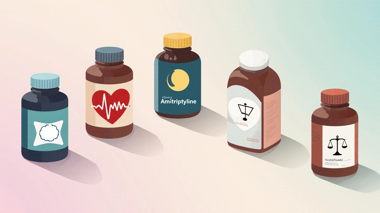 Six colorful pill bottles with visual icons representing different migraine drugs.