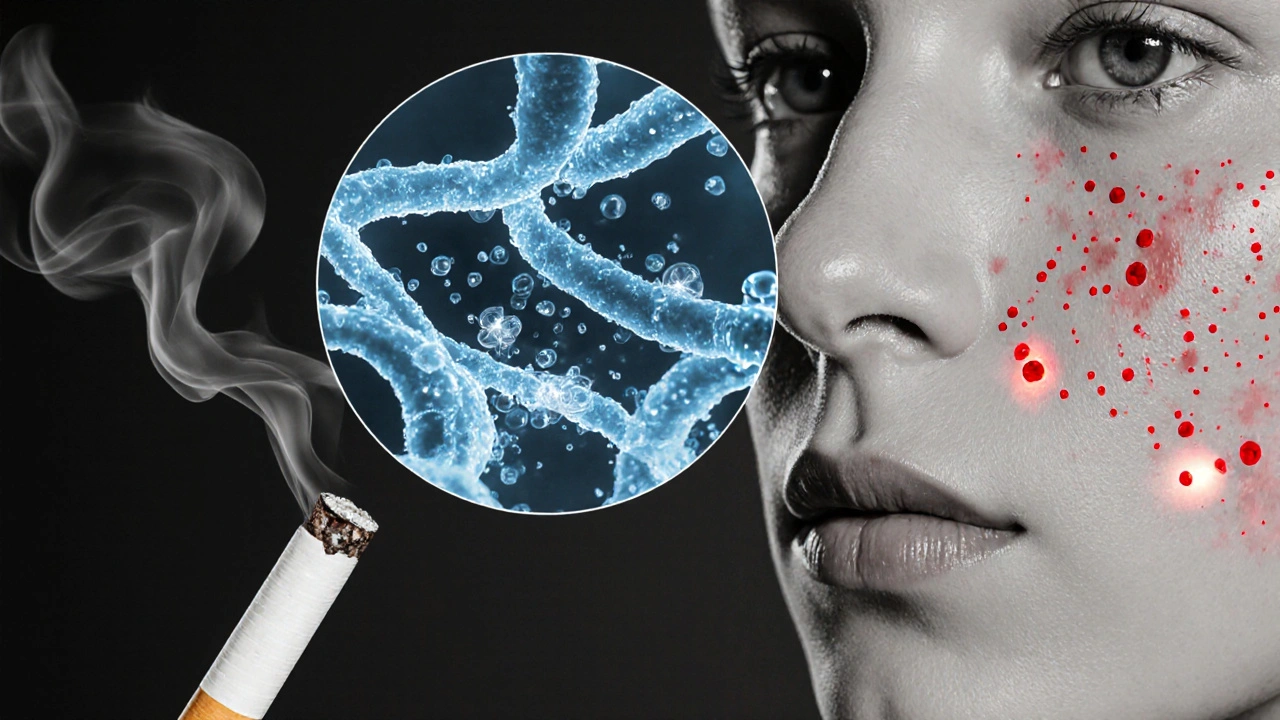Split view of free radicals attacking collagen and skin with red flare‑ups in duotone.