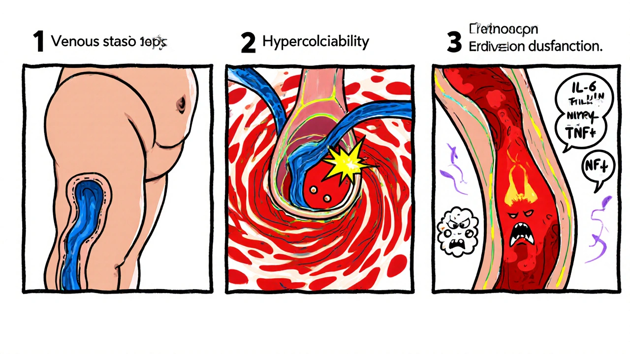 Three cartoon panels showing vein compression, clot formation, and inflamed vein lining.