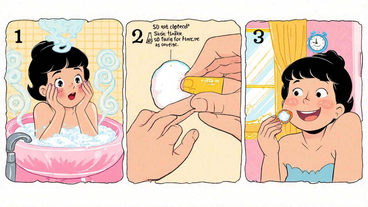 Three‑panel cartoon showing cleansing, cream application, and sunscreen use.