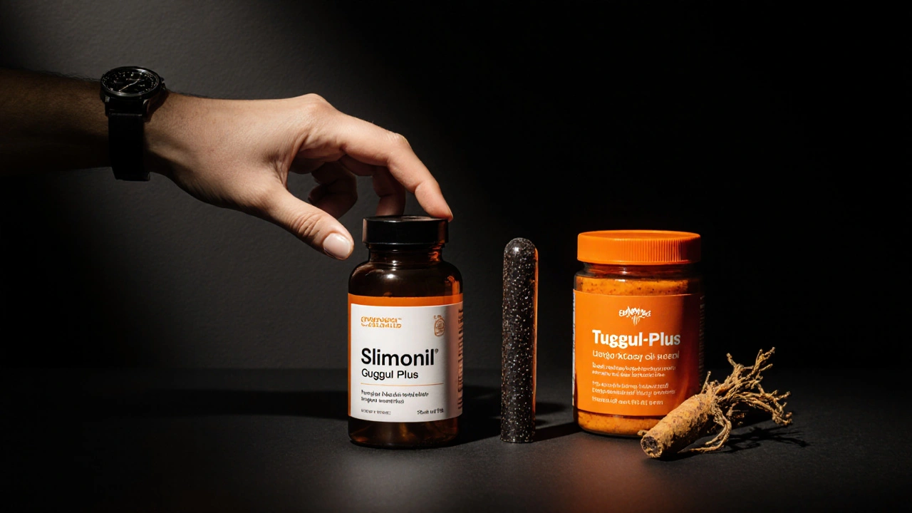 Three supplement bottles on a black surface, hand reaching for Slimonil.