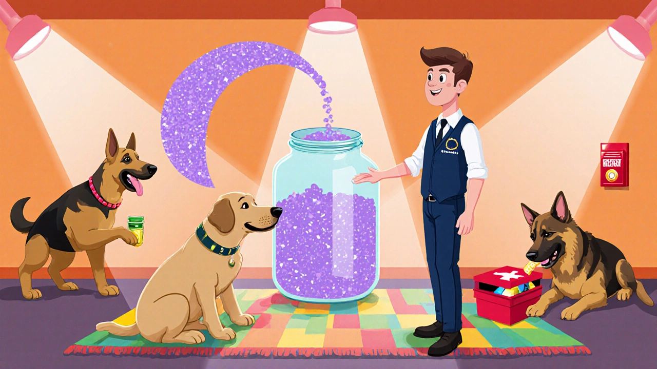 Trainer teaching dogs to sniff, fetch medication, and press an emergency button.