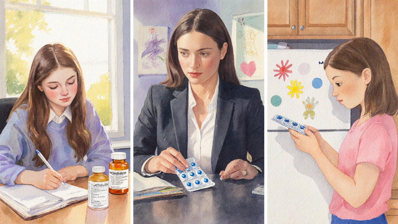 Watercolor of three women: student with fluoxetine, professional with sertraline, mother with hormonal pill.