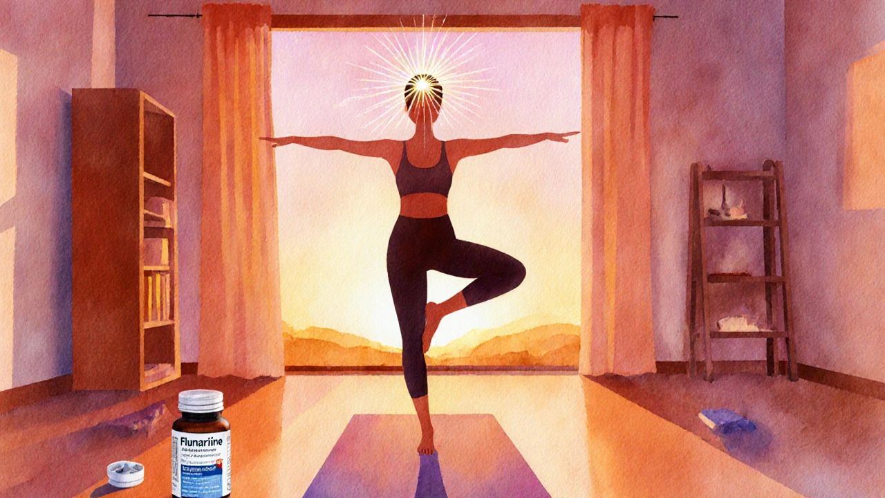 Woman doing yoga near a Flunarizine bottle, sunrise creating hopeful atmosphere.
