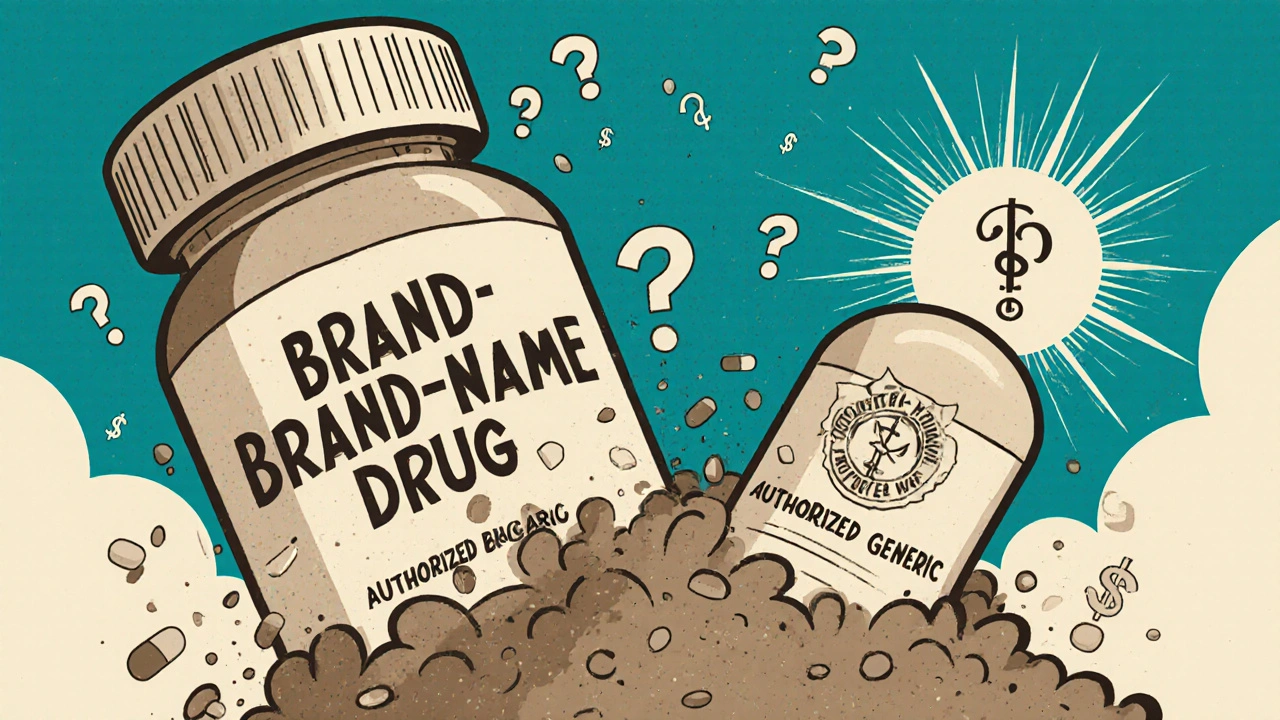 A brand-name pill bottle crumbling as an authorized generic pill rises from its remains.