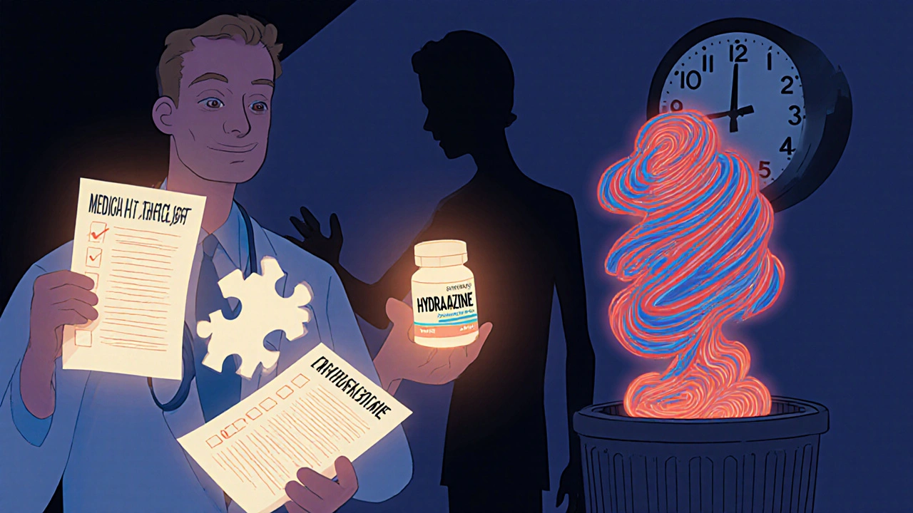 A doctor assembling a medical puzzle as a lupus-like figure dissolves into smoke after stopping a pill.