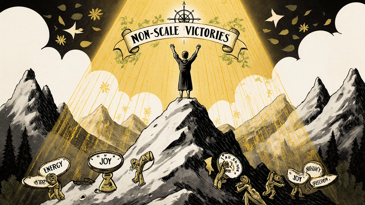 A figure standing tall on a mountain of broken scales, bathed in light, symbolizing freedom from weight obsession.