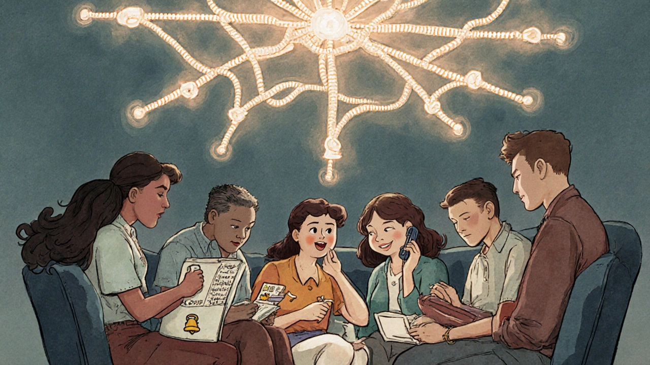 A group of people connect through a web of support, holding pill organizers and journals.