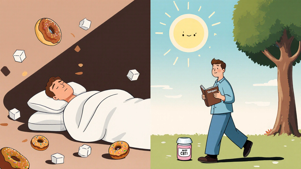 A man transitions from heavy sleep under Seroquel to walking confidently with CBT-I and a small aripiprazole pill beside him.